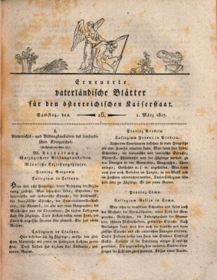 Erneuerte vaterländische Blätter für den österreichischen Kaiserstaat Samstag 1. März 1817