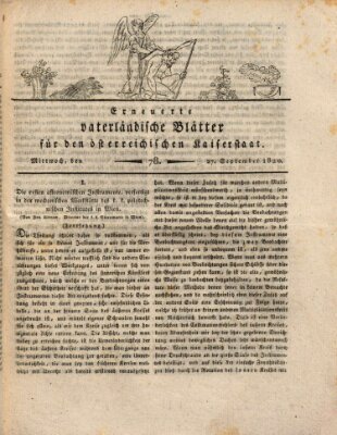 Erneuerte vaterländische Blätter für den österreichischen Kaiserstaat Mittwoch 27. September 1820