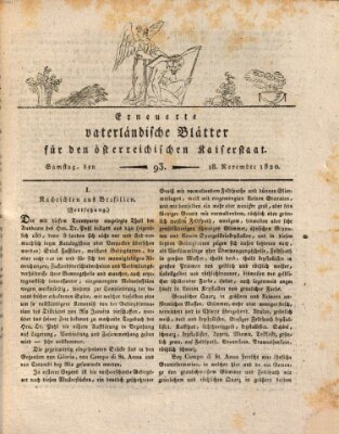 Erneuerte vaterländische Blätter für den österreichischen Kaiserstaat Samstag 18. November 1820