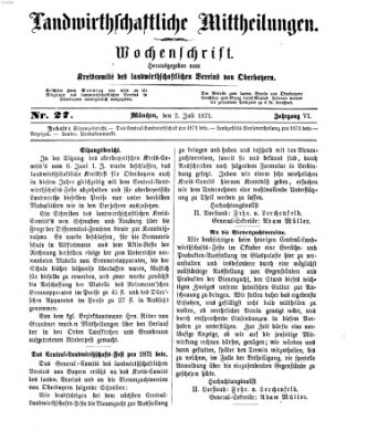 Landwirthschaftliche Mittheilungen Sonntag 2. Juli 1871