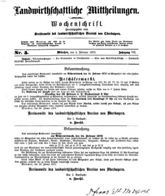 Landwirthschaftliche Mittheilungen Sonntag 4. Februar 1872