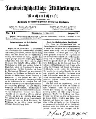 Landwirthschaftliche Mittheilungen Sonntag 17. März 1872