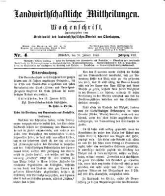 Landwirthschaftliche Mittheilungen Sonntag 26. Januar 1873