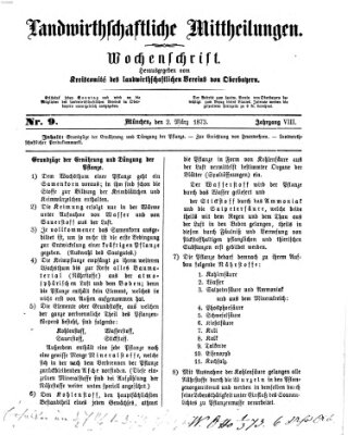 Landwirthschaftliche Mittheilungen Sonntag 2. März 1873