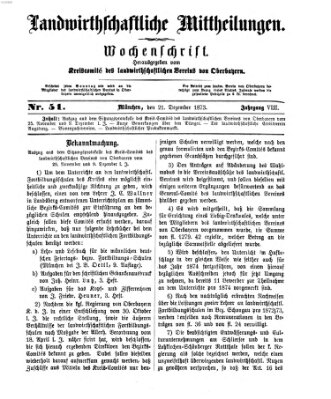 Landwirthschaftliche Mittheilungen Sonntag 21. Dezember 1873