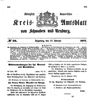 Königlich Bayerisches Kreis-Amtsblatt von Schwaben und Neuburg Samstag 18. Februar 1871