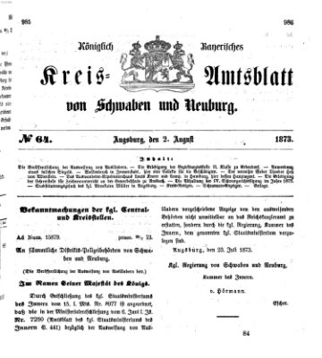 Königlich Bayerisches Kreis-Amtsblatt von Schwaben und Neuburg Samstag 2. August 1873