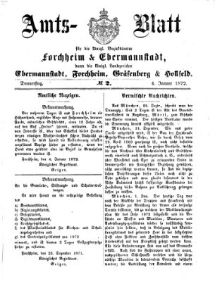 Amtsblatt für die Königlichen Bezirksämter Forchheim und Ebermannstadt sowie für die Königliche Stadt Forchheim Donnerstag 4. Januar 1872