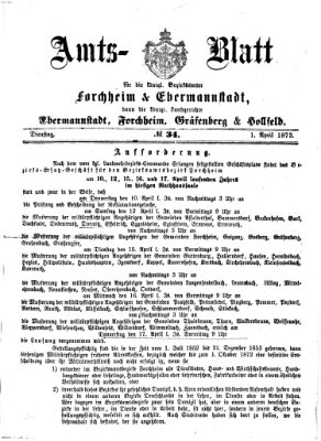 Amtsblatt für die Königlichen Bezirksämter Forchheim und Ebermannstadt sowie für die Königliche Stadt Forchheim Dienstag 1. April 1873