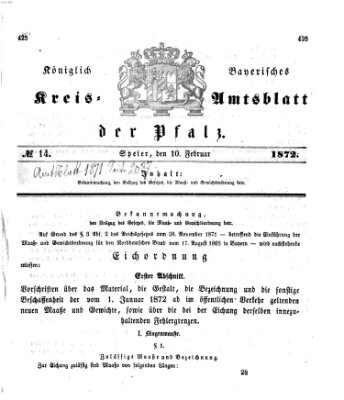 Königlich-bayerisches Kreis-Amtsblatt der Pfalz (Königlich bayerisches Amts- und Intelligenzblatt für die Pfalz) Samstag 10. Februar 1872