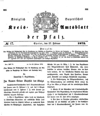 Königlich-bayerisches Kreis-Amtsblatt der Pfalz (Königlich bayerisches Amts- und Intelligenzblatt für die Pfalz) Dienstag 27. Februar 1872