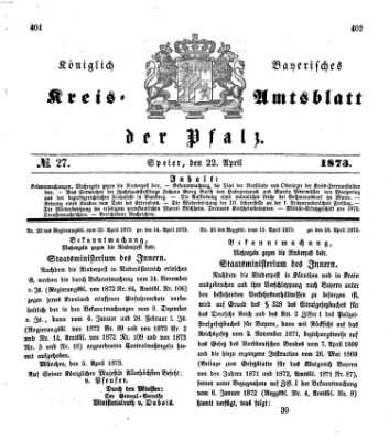 Königlich-bayerisches Kreis-Amtsblatt der Pfalz (Königlich bayerisches Amts- und Intelligenzblatt für die Pfalz) Dienstag 22. April 1873