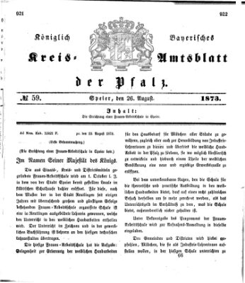 Königlich-bayerisches Kreis-Amtsblatt der Pfalz (Königlich bayerisches Amts- und Intelligenzblatt für die Pfalz) Dienstag 26. August 1873