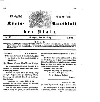 Königlich-bayerisches Kreis-Amtsblatt der Pfalz (Königlich bayerisches Amts- und Intelligenzblatt für die Pfalz) Montag 27. März 1871