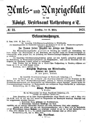 Amts- und Anzeigenblatt für das Königliche Bezirksamt Rothenburg o.T. (Amts- und Anzeigenblatt für die Stadt und das Königl. Bezirksamt Rothenburg) Samstag 16. März 1872