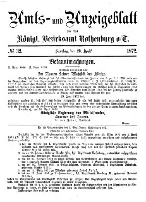 Amts- und Anzeigenblatt für das Königliche Bezirksamt Rothenburg o.T. (Amts- und Anzeigenblatt für die Stadt und das Königl. Bezirksamt Rothenburg) Samstag 20. April 1872