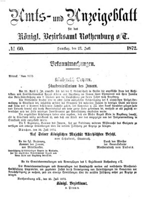 Amts- und Anzeigenblatt für das Königliche Bezirksamt Rothenburg o.T. (Amts- und Anzeigenblatt für die Stadt und das Königl. Bezirksamt Rothenburg) Samstag 27. Juli 1872