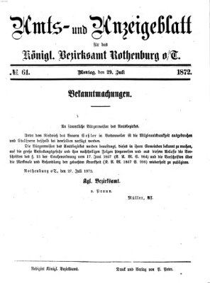 Amts- und Anzeigenblatt für das Königliche Bezirksamt Rothenburg o.T. (Amts- und Anzeigenblatt für die Stadt und das Königl. Bezirksamt Rothenburg) Montag 29. Juli 1872