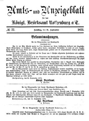 Amts- und Anzeigenblatt für das Königliche Bezirksamt Rothenburg o.T. (Amts- und Anzeigenblatt für die Stadt und das Königl. Bezirksamt Rothenburg) Samstag 21. September 1872