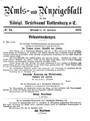 Amts- und Anzeigenblatt für das Königliche Bezirksamt Rothenburg o.T. (Amts- und Anzeigenblatt für die Stadt und das Königl. Bezirksamt Rothenburg) Mittwoch 20. November 1872