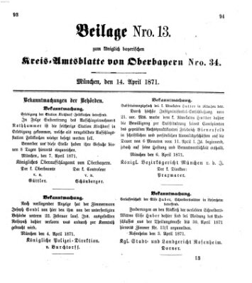 Königlich-bayerisches Kreis-Amtsblatt von Oberbayern (Münchner Intelligenzblatt) Freitag 14. April 1871