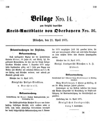 Königlich-bayerisches Kreis-Amtsblatt von Oberbayern (Münchner Intelligenzblatt) Freitag 21. April 1871