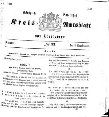 Königlich-bayerisches Kreis-Amtsblatt von Oberbayern (Münchner Intelligenzblatt) Samstag 3. August 1872