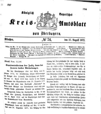 Königlich-bayerisches Kreis-Amtsblatt von Oberbayern (Münchner Intelligenzblatt) Dienstag 27. August 1872