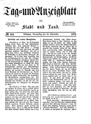 Tag- und Anzeigblatt für Stadt und Land (Tagblatt für die Städte Dillingen, Lauingen, Höchstädt, Wertingen und Gundelfingen) Donnerstag 12. September 1872