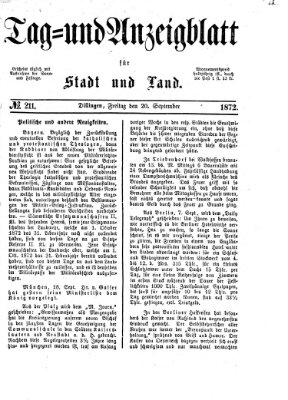 Tag- und Anzeigblatt für Stadt und Land (Tagblatt für die Städte Dillingen, Lauingen, Höchstädt, Wertingen und Gundelfingen) Freitag 20. September 1872