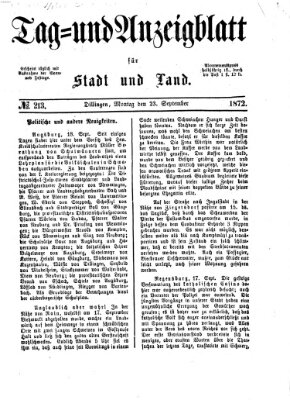 Tag- und Anzeigblatt für Stadt und Land (Tagblatt für die Städte Dillingen, Lauingen, Höchstädt, Wertingen und Gundelfingen) Montag 23. September 1872