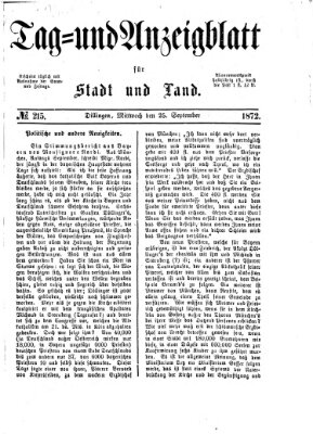 Tag- und Anzeigblatt für Stadt und Land (Tagblatt für die Städte Dillingen, Lauingen, Höchstädt, Wertingen und Gundelfingen) Mittwoch 25. September 1872