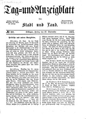 Tag- und Anzeigblatt für Stadt und Land (Tagblatt für die Städte Dillingen, Lauingen, Höchstädt, Wertingen und Gundelfingen) Freitag 27. September 1872