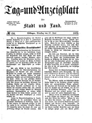 Tag- und Anzeigblatt für Stadt und Land (Tagblatt für die Städte Dillingen, Lauingen, Höchstädt, Wertingen und Gundelfingen) Dienstag 17. Juni 1873