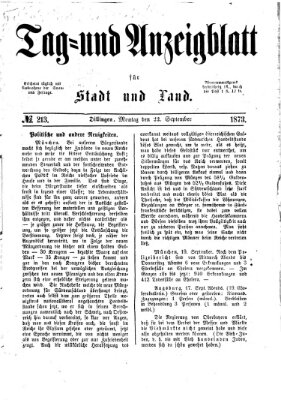 Tag- und Anzeigblatt für Stadt und Land (Tagblatt für die Städte Dillingen, Lauingen, Höchstädt, Wertingen und Gundelfingen) Montag 22. September 1873