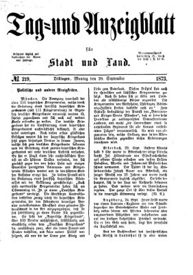 Tag- und Anzeigblatt für Stadt und Land (Tagblatt für die Städte Dillingen, Lauingen, Höchstädt, Wertingen und Gundelfingen) Montag 29. September 1873