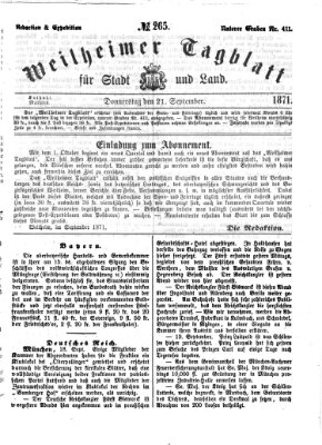 Weilheimer Tagblatt für Stadt und Land Donnerstag 21. September 1871