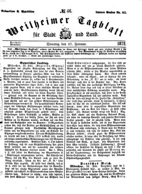 Weilheimer Tagblatt für Stadt und Land Dienstag 27. Februar 1872