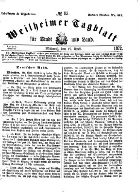 Weilheimer Tagblatt für Stadt und Land Mittwoch 17. April 1872