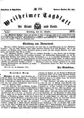 Weilheimer Tagblatt für Stadt und Land Dienstag 24. September 1872