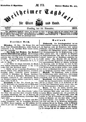 Weilheimer Tagblatt für Stadt und Land Samstag 30. November 1872