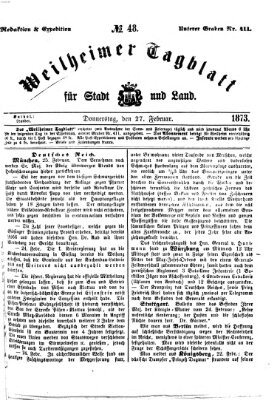 Weilheimer Tagblatt für Stadt und Land Donnerstag 27. Februar 1873