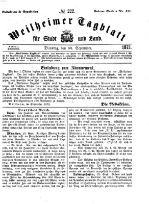 Weilheimer Tagblatt für Stadt und Land Dienstag 30. September 1873