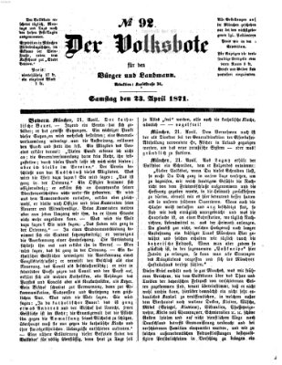 Der Volksbote für den Bürger und Landmann Samstag 22. April 1871