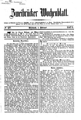 Zweibrücker Wochenblatt Mittwoch 1. Februar 1871