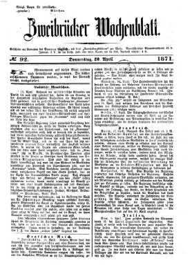 Zweibrücker Wochenblatt Donnerstag 20. April 1871