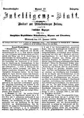 Aschaffenburger Zeitung. Intelligenz-Blatt : Beiblatt zur Aschaffenburger Zeitung ; zugleich amtlicher Anzeiger für die K. Bezirksämter Aschaffenburg, Alzenau und Obernburg (Aschaffenburger Zeitung) Mittwoch 17. Januar 1872