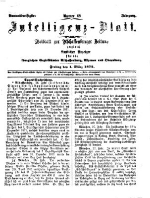 Aschaffenburger Zeitung. Intelligenz-Blatt : Beiblatt zur Aschaffenburger Zeitung ; zugleich amtlicher Anzeiger für die K. Bezirksämter Aschaffenburg, Alzenau und Obernburg (Aschaffenburger Zeitung) Freitag 1. März 1872