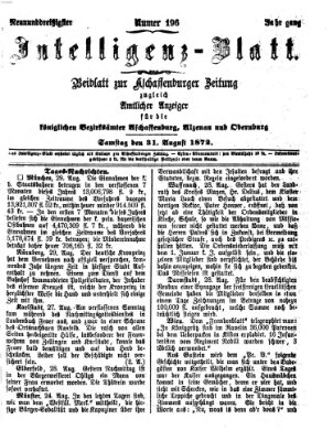 Aschaffenburger Zeitung. Intelligenz-Blatt : Beiblatt zur Aschaffenburger Zeitung ; zugleich amtlicher Anzeiger für die K. Bezirksämter Aschaffenburg, Alzenau und Obernburg (Aschaffenburger Zeitung) Samstag 31. August 1872