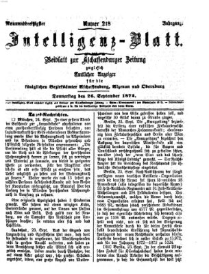 Aschaffenburger Zeitung. Intelligenz-Blatt : Beiblatt zur Aschaffenburger Zeitung ; zugleich amtlicher Anzeiger für die K. Bezirksämter Aschaffenburg, Alzenau und Obernburg (Aschaffenburger Zeitung) Donnerstag 26. September 1872